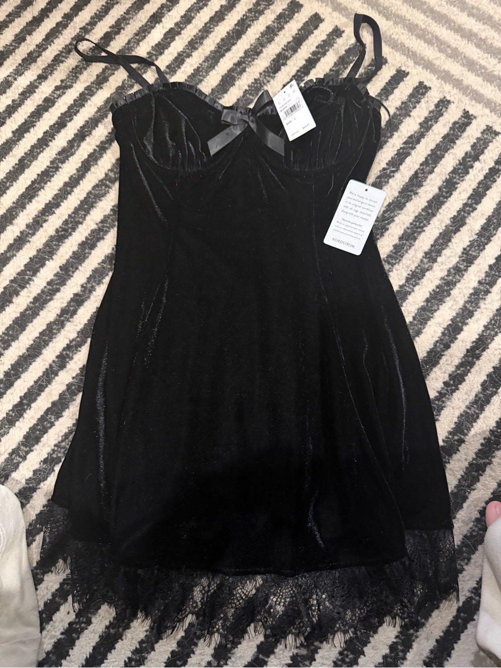 Lush Black Velvet Mini Slip Dress with Lace Hem